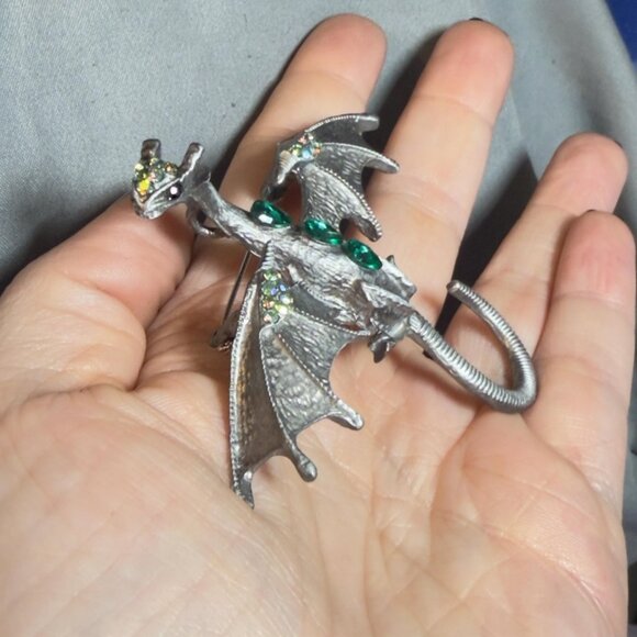 Dragon Brooch Silver Tone Green Rhinestone Fantasy Pin 3.5” - Picture 10 of 12